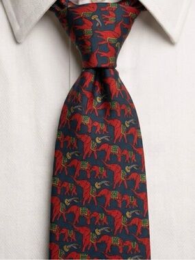 Vintage Carven Paris Silk Tie Elephant Novelty Print Navy Red Hand Made France
